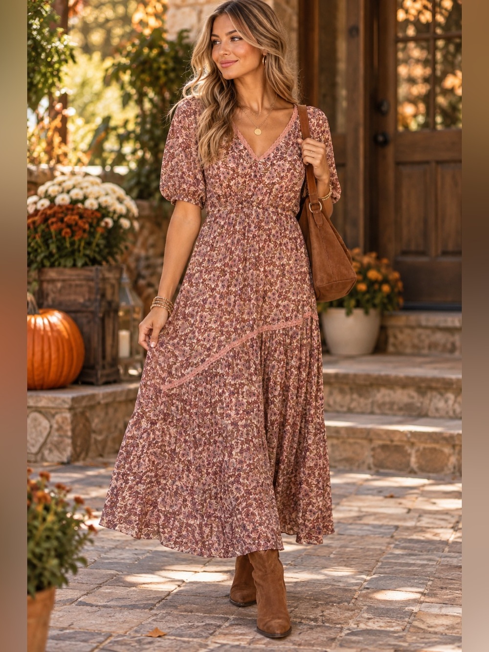 Sundance XS Boho Floral Maxi Dress Pink Lace Trim Cottagecore Prairie Romantic